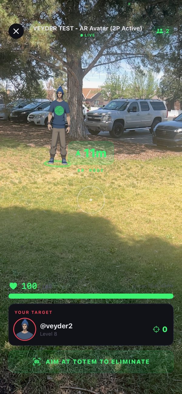 AR camera view with the target's 3D avatar standing in a park