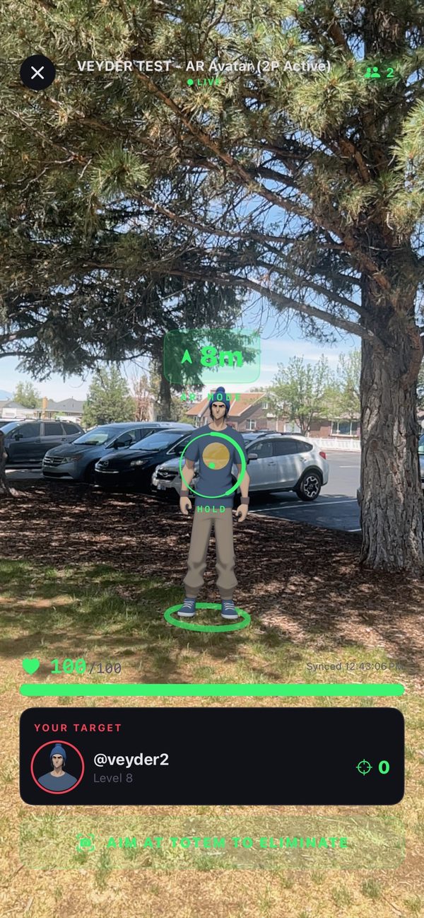 AR camera view with the hold circle highlighted on the avatar