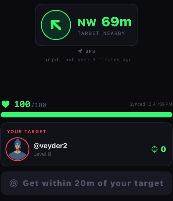 Distance card reading NW 69m, target nearby, with a prompt to get within 20m